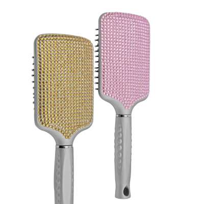 Small MOQ custom rhinestone crystal hair brush shiny pink color paddle brush